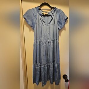 LOFT Light Blue Midi Dress with Ruffle Trim